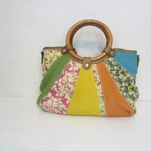 Relic Brand Woven Patchwork Floral Bamboo Handled Summer Handbag Snap Closure